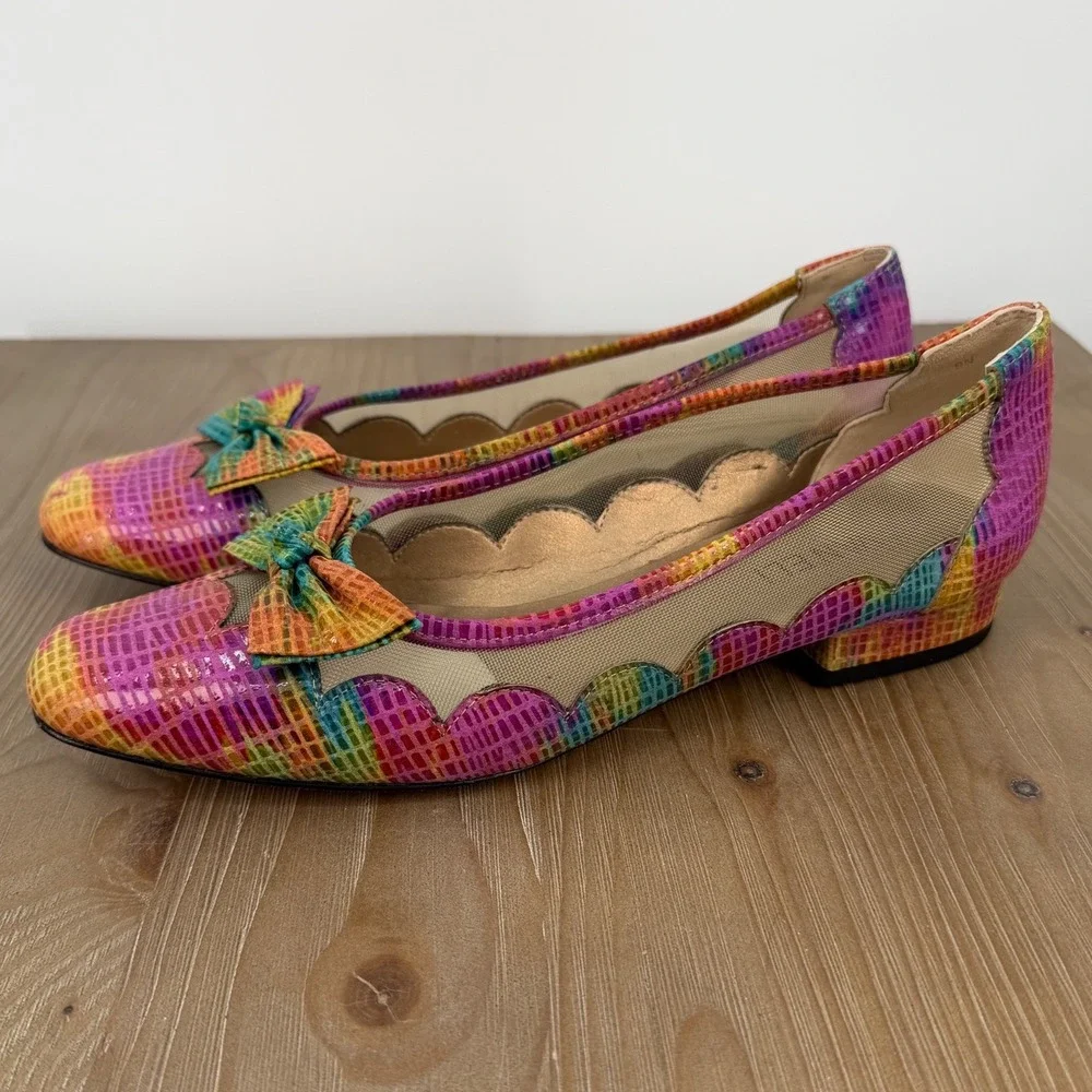 Vaneli Womens 9N Rainbow Snakeskin Print Leather Mesh Bow Flats Pumps Dopamine